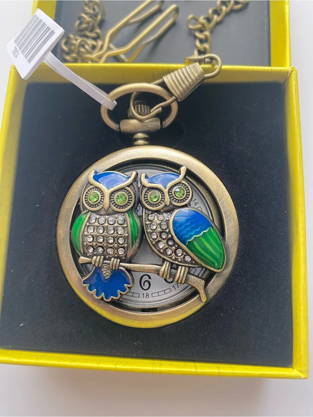 NEW Invicta Vintage Collection Owl Pocket Watch Antique Crystal Enamel Chain